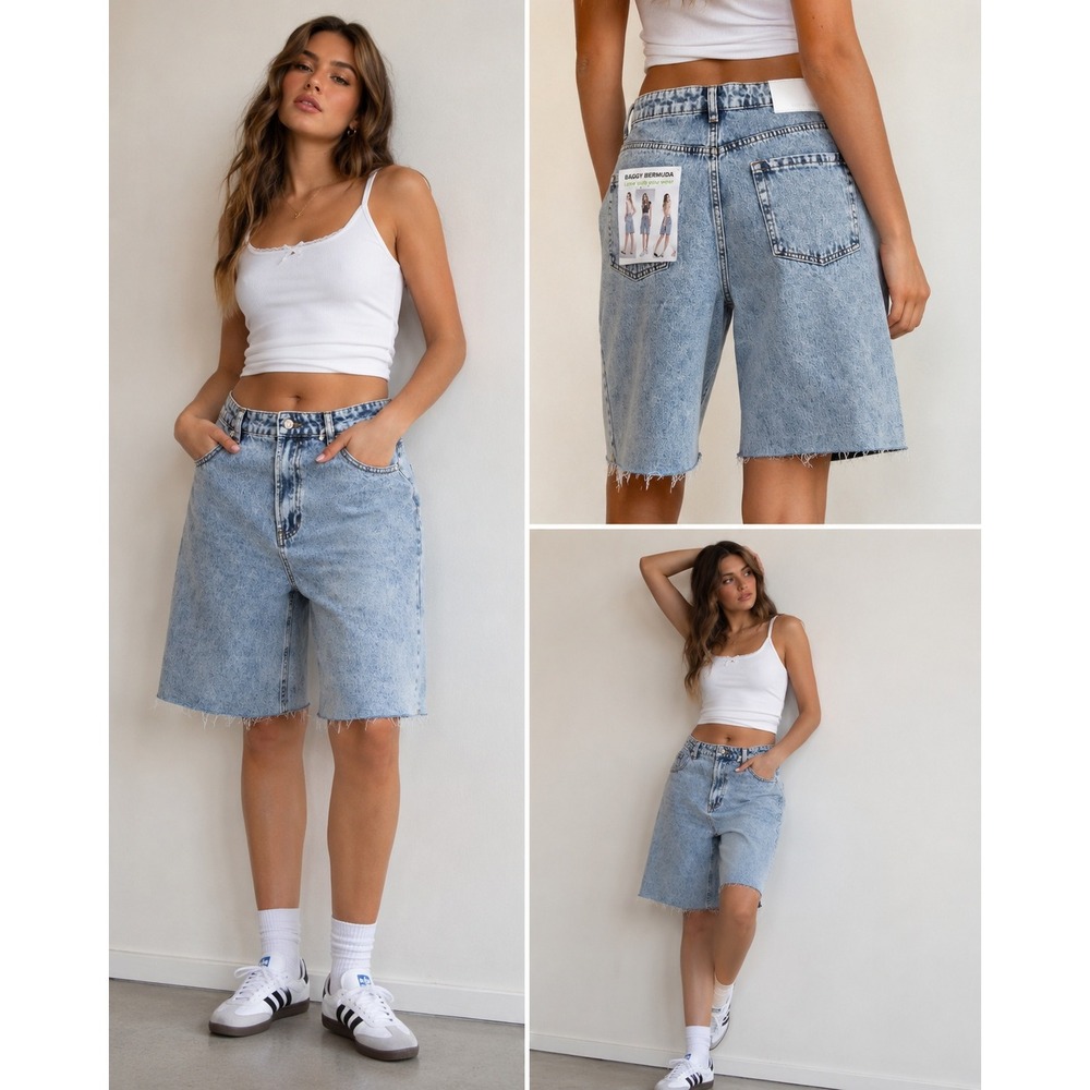 Witty Fox Baggy‎ Bermuda Denim Shorts Acid Wash Y2K Skater NWT 13/31
